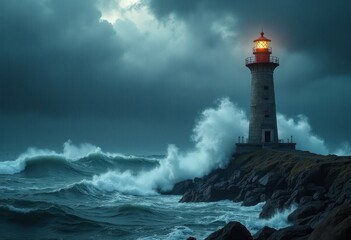 Lonely Lighthouse Standalone Against Turbulent Stormy Sea Backdrop Dramatic Waves and Dark Clouds