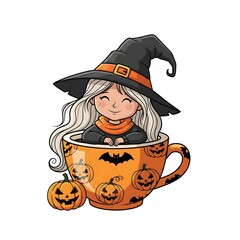 Witch peeking from orange cup with pumpkins
