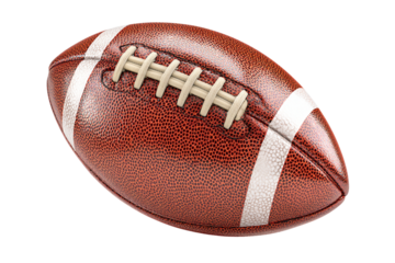 Realistic American football PNG on transparent background, brown leather ball cutout with white stripes and laces, 3D element for sports design, game graphics, and team branding.