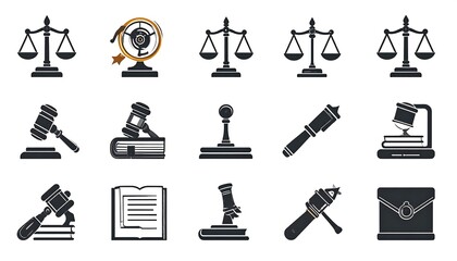 Collection of Legal and Justice Icons in Black and White Isolated on White