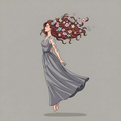 Woman flowing hair with colorful flowers in gray