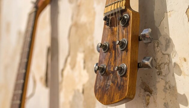 Close-up of a vintage wooden guitar headstock with tuning pegs and strings - Powered by Adobe