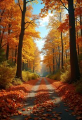 Obraz premium Serene Autumn Forest Trail Lined with Vibrant Golden Foliage and Crisp Blue Sky