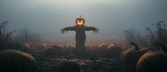 Spooky glowing jack o'lantern scarecrow stands guard over a misty pumpkin patch at twilight, creating an eerie autumnal atmosphere for Halloween.Perfect for Halloween
