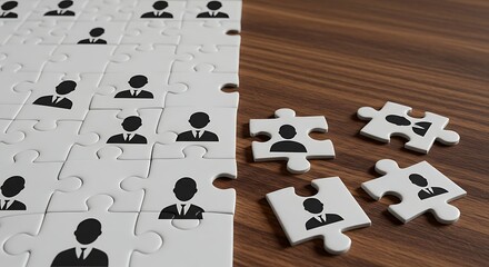 Conceptual image representing human resources and team building with puzzle pieces depicting people icons on a wooden surface symbolizing connection and integration within an organization