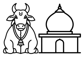 Sacred Cow and Hindu Temple Line Art Vector