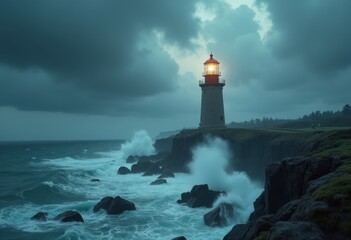 Obraz premium Solitary Lighthouse Standing Tall Against Rugged Stormy Sea in Dramatic Skies with Turbulent Waves