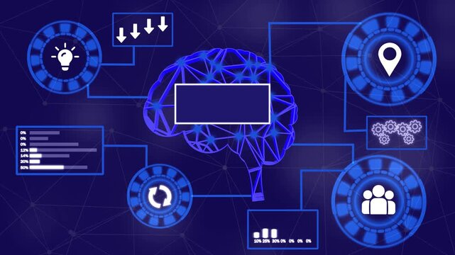 Holographic brain receiving sliding social media icons while updating counters visualizing data