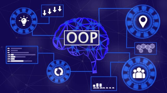 Object Oriented Programming Concept Infographic with Icons and Red Glowing Lines on Dark Background software