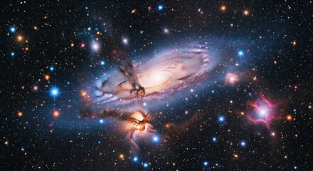 Spectacular Spiral Galaxy Andromeda M31 with Dust Lanes and Star Clusters in Deep Space.