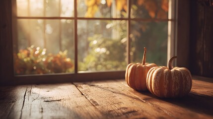 Cozy autumn scene with two ripe pumpkins resting on a rustic wooden surface near a window bathed in warm golden light, evoking harvest and seasonal comfort..Perfect for Halloween