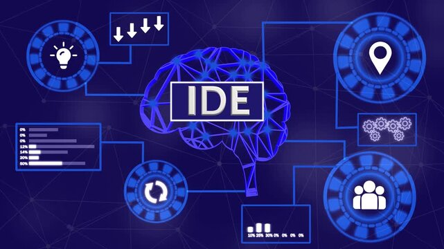 IDE Concept Infographic with Icons and Red Glowing Lines on Dark Background integrated development environment