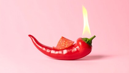 Creative Concept of Spicy Pepper with Flame and Salami on a Pink Background