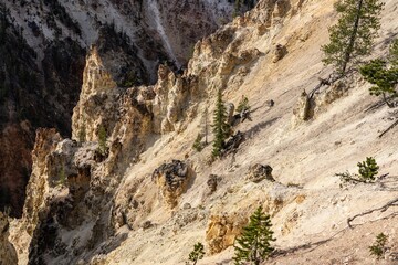 Artist Point, Yellowstone National Park, Wyoming. Hydrothermal alteration at Grand Canyon of the Yellowstone. Plateau Rhyolite. Erosion by the Yellowstone River