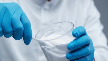 Close Up of Medical Professional Mixing White Substance in Clear Plastic Cup with Blue Gloved Hands in a Lab Environment with Uniform Lighting - Powered by Adobe