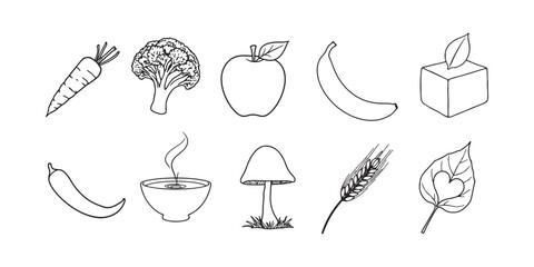 Vegan Food Icons, Healthy Plant-Based Ingredients in Line Art Vector