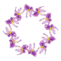 Wreath of violet with yellow irises. Watercolor handmade illustration. For packaging design, cards, cover, prints, product labels and fabric.