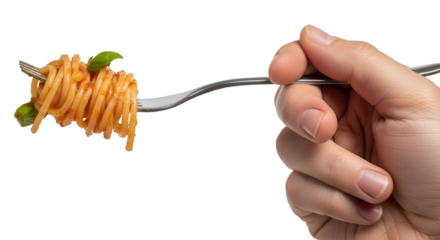 A hand holding a fork with spaghetti twirled on it, isolated on white background, high detail.