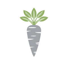 Modern graphic of a grey carrot with lush green leaves, a simple food and vegetable icon