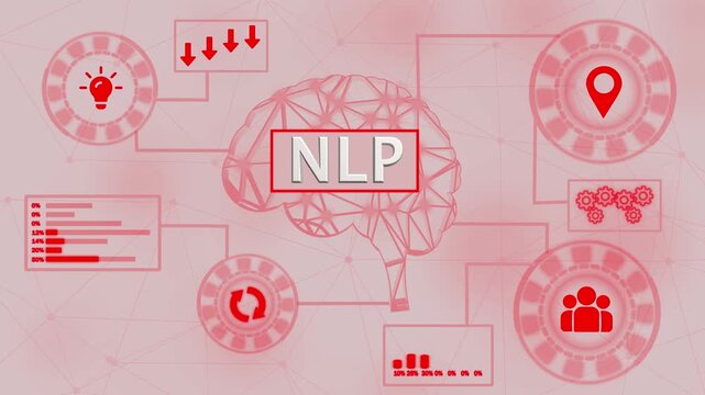Natural Language Processing concept with interconnected icons and glowing red lines on dark background
