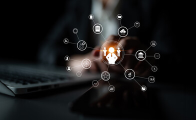 A concept of centralized business management and corporate strategy. A leadership team connecting...
