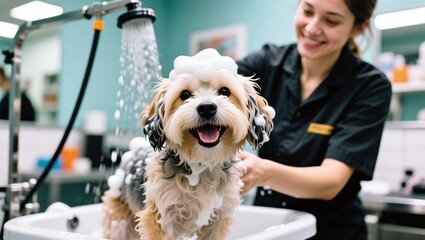 showering the dog