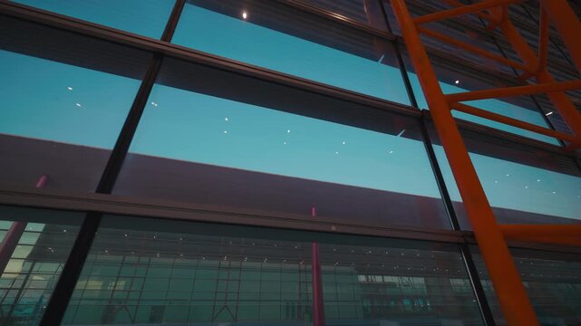 Glass mirror facade of contemporary business center with red lacy beams on downtown street low angle shot. Impressive urban architecture presents spirit of business life in city