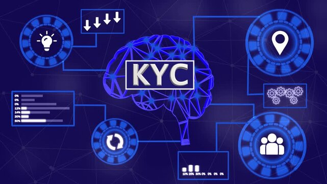 KYC Know Your Customer process flowchart with icons and blue neon lights on black background compliance