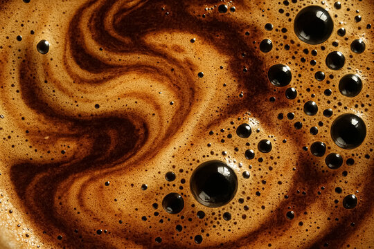 Closeup of coffee foam with dark swirling patterns and bubbles on surface.