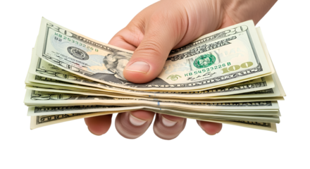 A hand holding a stack of dollar bills, isolated on white background, crisp and realistic details.