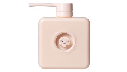 Obraz premium Cute Pink Soap Dispenser with Decorative Face Design on White Background