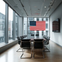 Interior of conference room with american flag. 3D rendering
