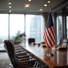 Interior of conference room with american flag. 3D rendering

