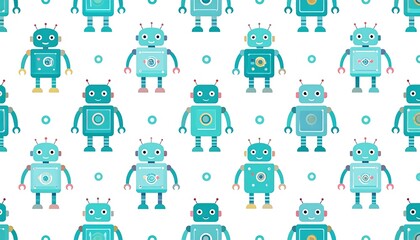 Obraz premium Cute Robot Pattern with a Repetitive Design on a White Background