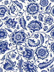 Handmade drawing seamless pattern with beautiful flowers, berries and leaves. Vector illustration, naive paisley retro style.