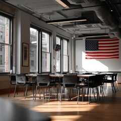 Interior of conference room with american flag. 3D rendering
