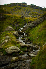 Mountain Cascade Over Rocks and Boulders on a Steep, Grassy Alpine Slope