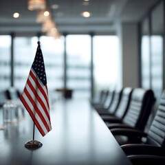 Interior of conference room with american flag. 3D rendering
