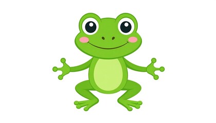 Naklejka premium Cute Cartoon Green Frog with Pink Cheeks on White Background