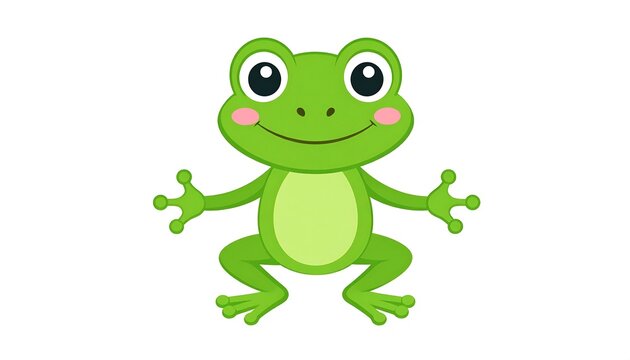 Cute Cartoon Green Frog with Pink Cheeks on White Background