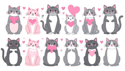 Cute Cartoon Cats Holding Hearts for Valentine's Day or Love