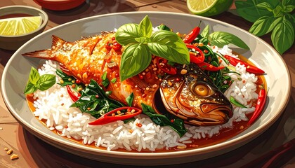 Delicious Asian Dish: Fried Fish with Rice, Herbs, and Chili Peppers