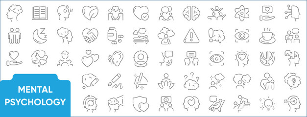 Mental Psychology Line Icon Set. Set of 66 outline icons including brain, mind, emotions, therapy, behavior, cognition, analysis, and mental health. Editable stroke. Linear vector illustration.