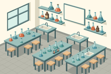 Flasks vector benches laboratory illustration bottles lab classroom sinks shelves modern geometric