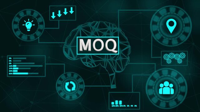 Minimum Order Quantity MOQ concept with interconnected icons on a dark red background business commerce