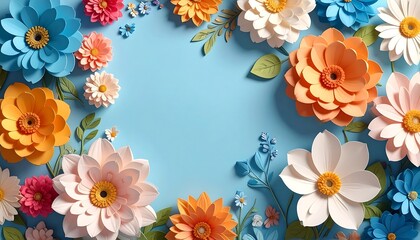 Colorful Paper Flowers on Blue Background, Perfect for Spring and Summer