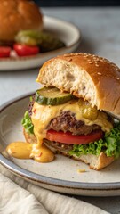 bite in cheeseburger a plate 