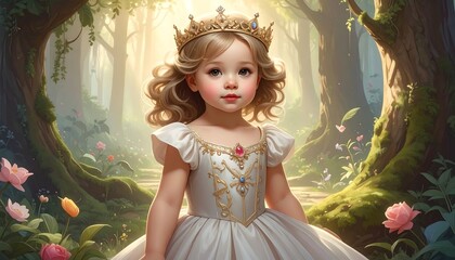 Cute Little Princess Wearing a Crown in a Beautiful Enchanted Forest