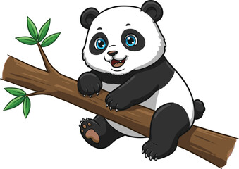 Cute cartoon panda sitting on tree branch, cheerful expression, big blue eyes, playful animal character, children illustration, forest wildlife art