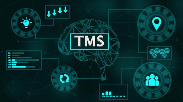 TMS Business Strategy Diagram with Icons and Blue Neon Lights on Black Background transportation management system